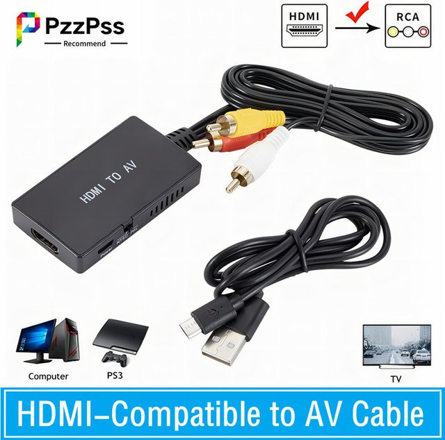 PzzPss HDMI zu RCA AV/CVBS Video Konverter Box in Schwarz, 1080P Mini HDMI zu AV Adapter mit Unterstützung für NTSC und PAL - Bild 1