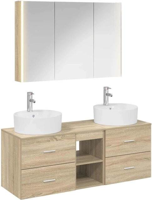 vidaXL Badezimmermöbel-Set 4-teilig in Sonoma-Eiche mit Spiegelschrank, Waschtischunterschrank und Wandschrank, Farbe: Braun - Bild 1