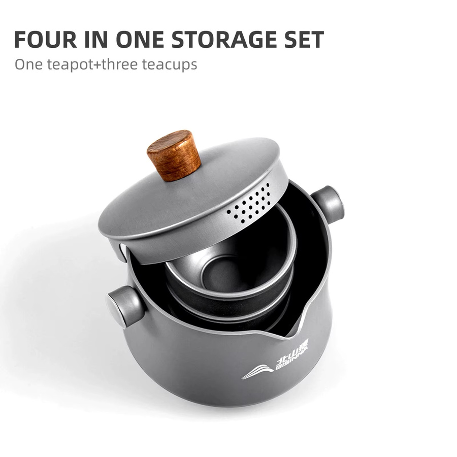 BISINNA Tragbares Reise-Teeset aus Aluminiumlegierung in Grau mit Teekanne, drei Teetassen, Infuser und Tragetasche, zusammenklappbar für Camping und Picknick - Bild 2