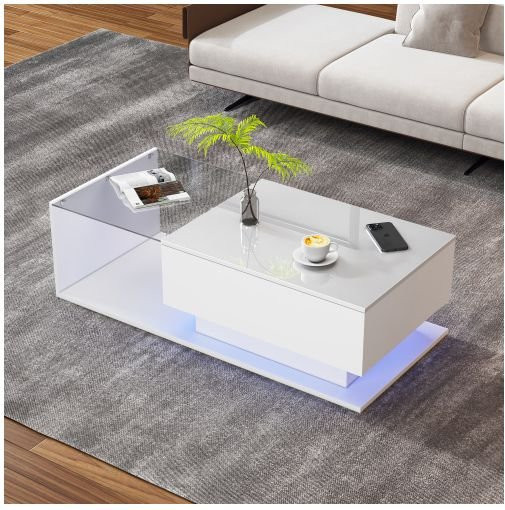 Moderner Couchtisch MUVOE aus weißem Hochglanz-Glas mit integrierter LED-Beleuchtung, B/T/H: 100 x 50 x 32 cm - Bild 1