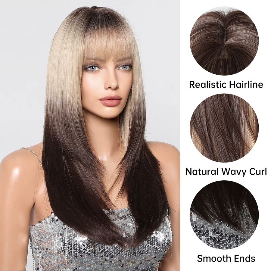 EASIHAIR Perücke, synthetisch, lang, gerade, Platin Dunkelbraun Highlight, mit Pony, Damen - Bild 3