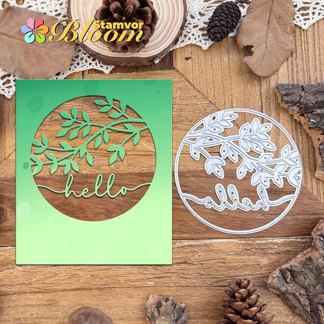 Metall Stanzform mit Blättern, Zweigen und HALLO Kreis in Silber für Scrapbooking und dekorative Prägung - Bild 1