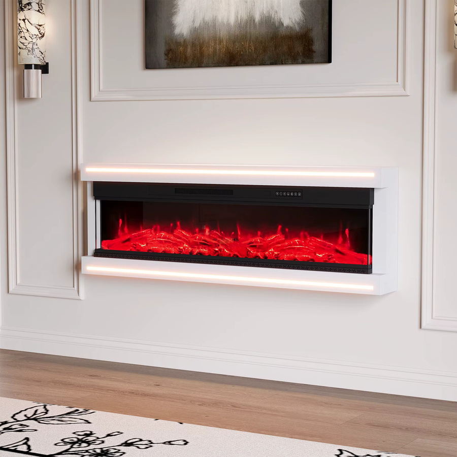 Elektrischer Kamin von WoodenAura in Weiß mit LED-Ambientebeleuchtung, 50 Zoll Durchmesser, 12-farbiger Holzflammensimulation und einstellbarer Helligkeit sowie Geschwindigkeit zur Wandmontage - Bild 2