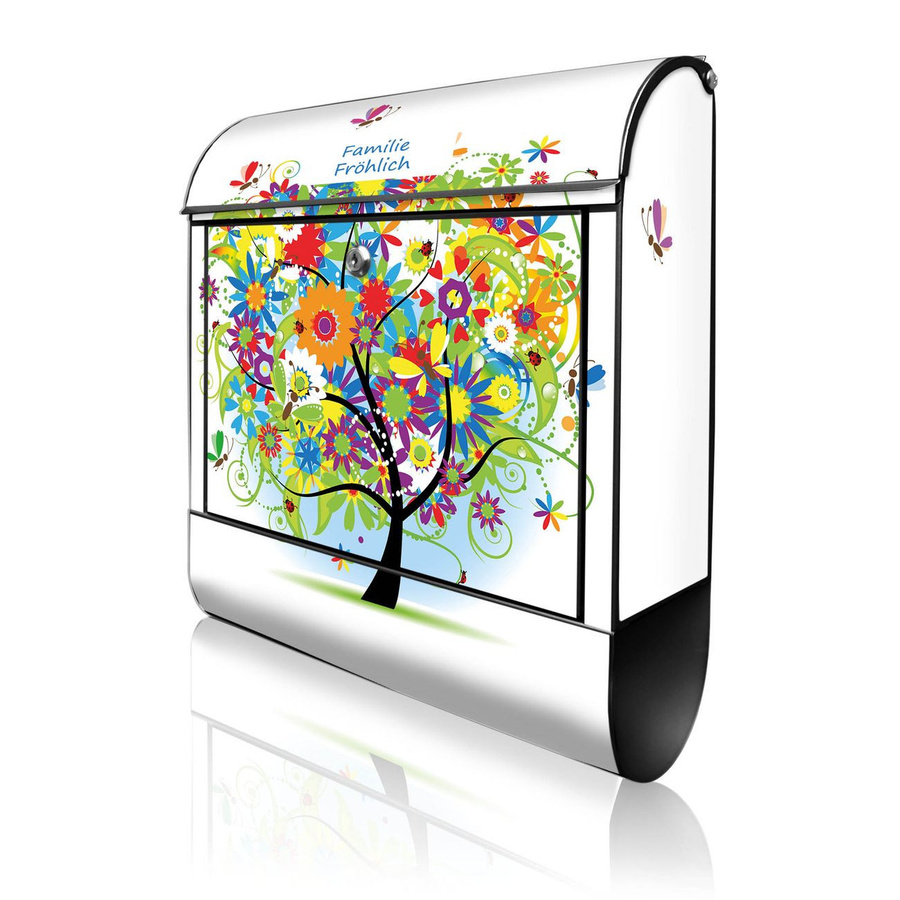 banjado Briefkasten Schwarz mit Hausnummer und Motiv Märchenzauberbaum inklusive Zeitungsfach, B/H/T: 38 x 47 x 13 cm - Bild 1