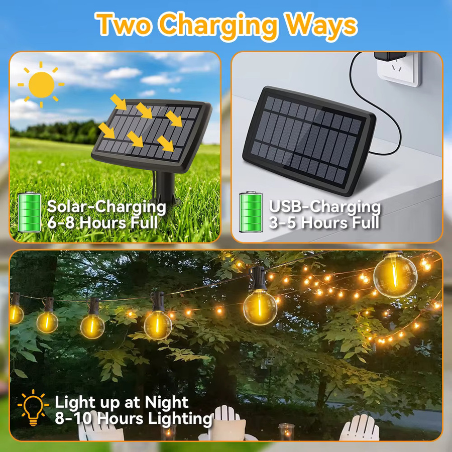 Burhui Solar-Lichterkette G40 mit LED-Kugeln in Warmweiß, wasserdichte IP65 Terrassenleuchte mit Fernbedienung für Hochzeit und Dekoration - Bild 2