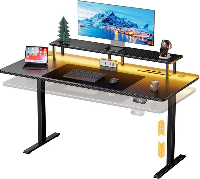 FRODROVIA Elektrisch höhenverstellbarer Sitz-Steh-Bürotisch in Schwarz mit integrierten Steckdosen und USB-Anschlüssen für Home Office und Gaming - Bild 1