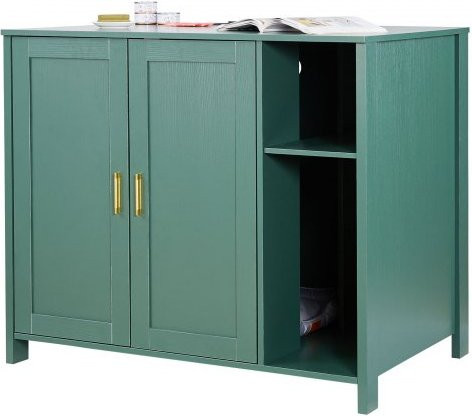 VEVOR Katzenschrank mit eingebauter Steckdose, Katzenklo Schrank mit Schublade und abnehmbarer Trennwand, passend für selbstreinigende Katzentoiletten, B/T/H: 105,0 x 68,0 x 88,5 cm, grün/gold - Bild 1