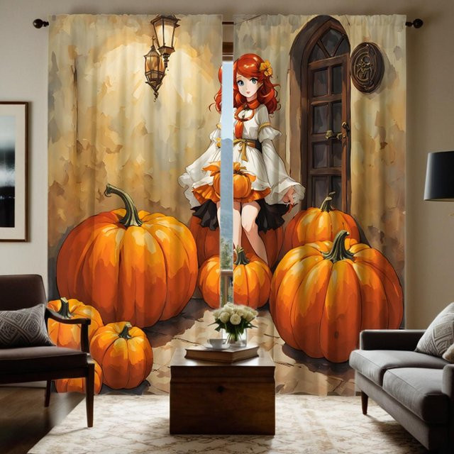 2er-Set Vorhang mit Kürbis-Cartoon-Mädchen Motiv in Gelb und Orange, digital bedruckter Stoff für dein Wohnzimmer, B: 132 cm, H: 160 cm - Bild 1