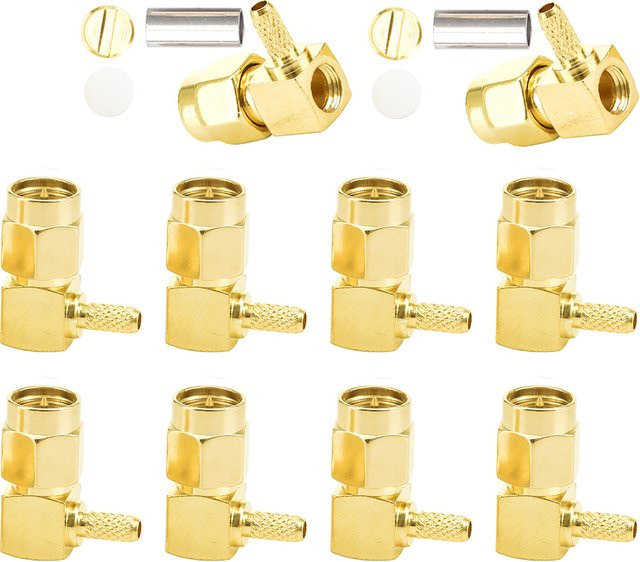 10 Stück FRHY SMA und RP-SMA HF-Steckverbinder rechtwinklig zum Crimpen in Gold, kompatibel mit RG174, RG316 und LMR100 Kabeln - Bild 1