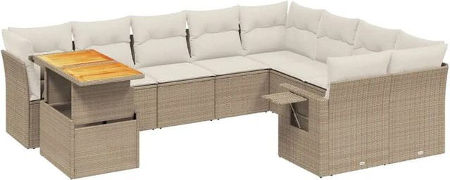 vidaXL 10-tlg. Garten-Sofagarnitur in L-Form aus Poly-Rattan und Akazienholz mit Kissen in Beige/Cremeweiß - Bild 1