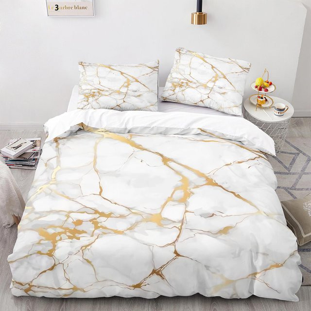 Bettwäsche-Set Binchi Outdoor Product mit abstraktem Marmormuster in Weiß und Gold, Material Polyester, Breite: 135 cm, Höhe: 200 cm - Bild 1