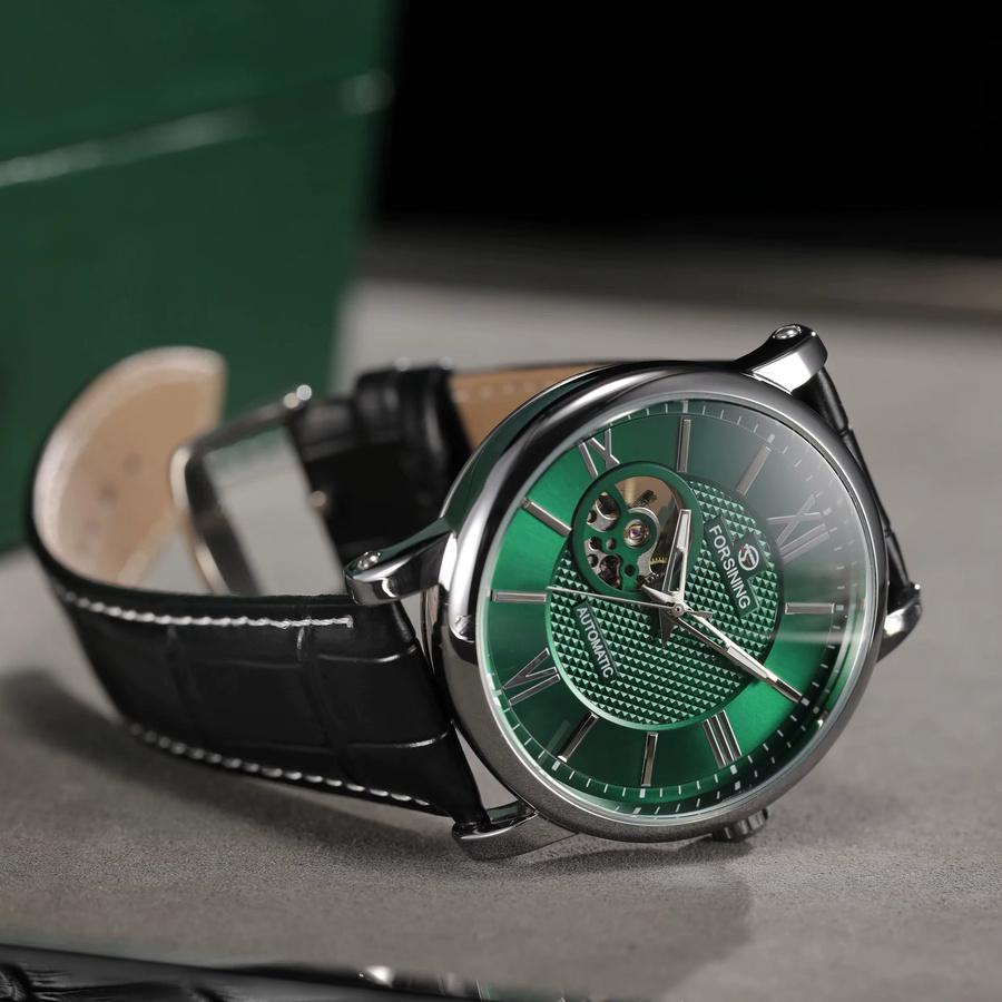 Forsining Armbanduhr, Automatik, grünes Zifferblatt, Leder, Herren - Bild 3