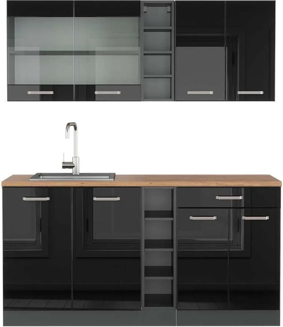 Vicco R-Line Singleküche Schwarz Hochglanz und Anthrazit mit Eiche, Breite: 160 cm - Bild 1