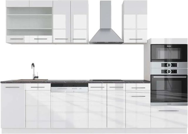 Vicco Fame-Line Küchenzeile Weiß Hochglanz mit Hochschrank Anthrazit, Breite: 300 cm - Bild 1