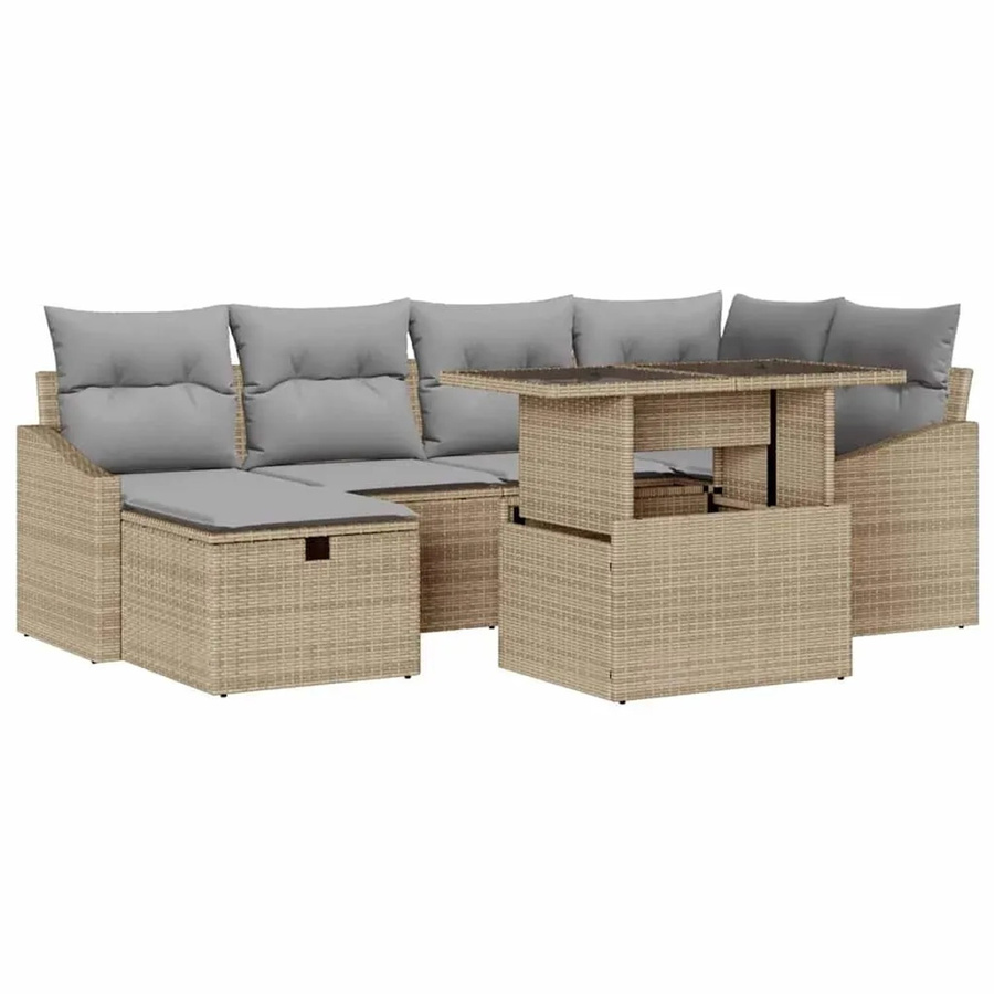 vidaXL Garten-Sofa-Set 7-teilig aus Polyrattan in Beige mit L-Form, Ottomane und Couchtisch - Bild 2
