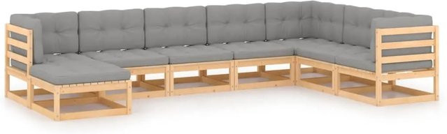 vidaXL 8-teiliges Garten-Lounge-Set aus massivem Kiefernholz in L-Form mit grauen Kissen - Bild 1