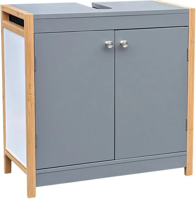 Osoltus Waschbeckenunterschrank aus Bambus und MDF in Grau und Weiß mit Schranktüren und Regalböden, B/T/H: 60 x 29 x 60 cm - Bild 1