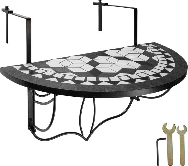 tectake Balkontisch halbkreisförmig aus Stahl mit Mosaikmuster und Zementplatte in Schwarz-Weiß, B/T/H: 75 x 65 x 62 cm - Bild 1