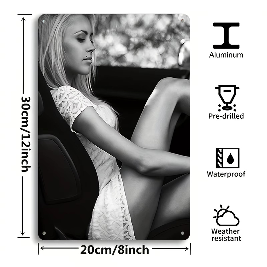 HELLOYOUNG Vintage-Auto-Kunstposter aus Aluminium-Metall in Schwarz-Weiß, Wanddekoration für Zuhause, Büro oder Garage, Breite: 20,32 cm, Höhe: 30,48 cm - Bild 2