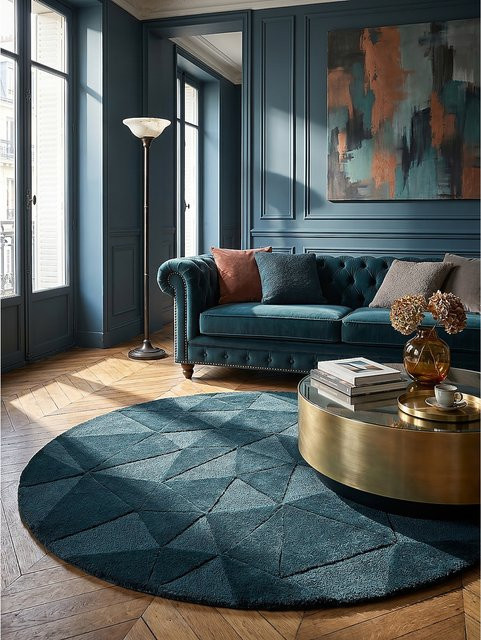 Wollteppich Kadima Design geometrisch in Petrol, Durchmesser: 160 cm - Bild 1