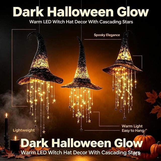 RunFree Beleuchteter Hexenhut als hängende Halloween-Außendekoration in Schwarz mit leuchtendem Sternennetz - Bild 1