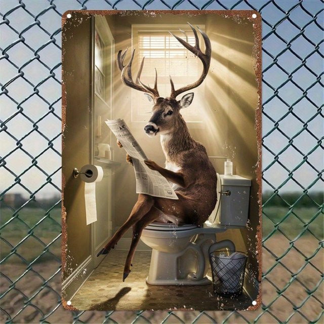 CIFBUY Vintage Hirsch auf Toilette Metallblech-Wandkunst, humorvolles rustikales 2D-Dekor aus Metall, B/H: 30,5 x 20,3 cm, Mehrfarbig - Bild 1