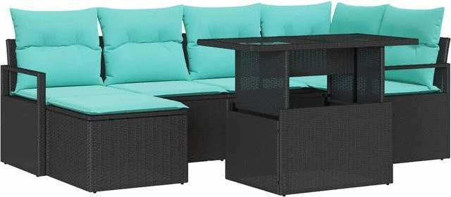 vidaXL 7-teiliges Gartensofa-Set aus Poly Rattan in Schwarz und Blau mit L-Form, Ecksofa, Mittelsofa, Armlehnensofa, Hockern und Tisch sowie integriertem Kissenstaufach - Bild 1