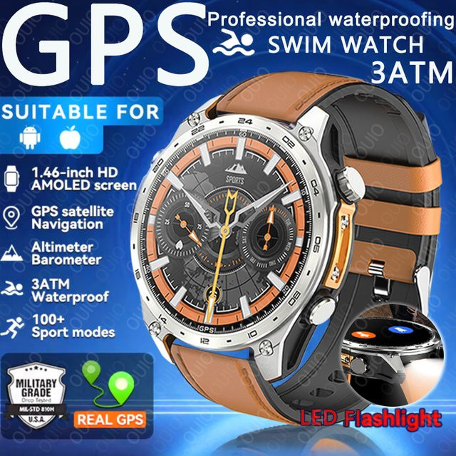 Yaocx Militärische Outdoor-Smartwatch für Herren in Orange mit GPS, Kompass, Höhenmesser und Bluetooth-Anruffunktion, 3ATM wasserdicht - Bild 1