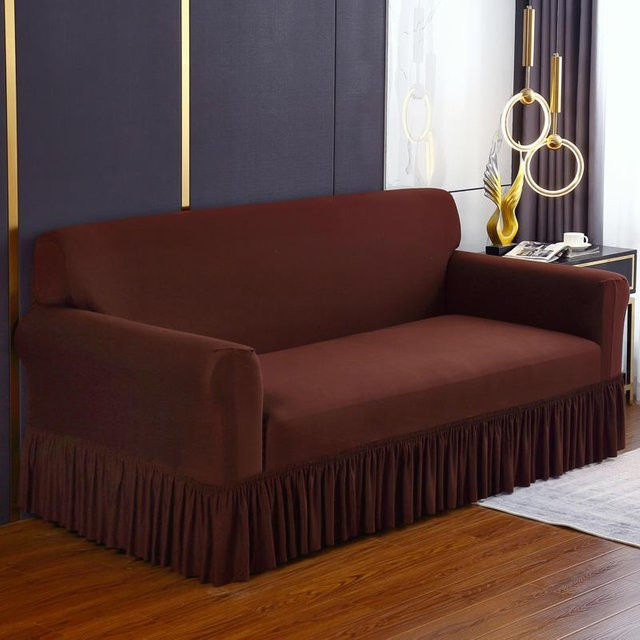 Elastischer Sofabezug mit Volant in Braun für 1 bis 4 Sitzer, All-inclusive Couchbezug aus Stretch-Material - Bild 1