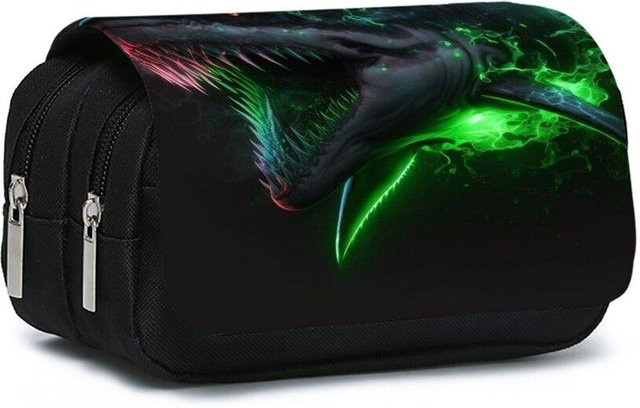 Fancy Style Studio Doppellagiges Klapp-Federmäppchen mit Haifisch-Meeresdruck in Schwarz - Bild 1