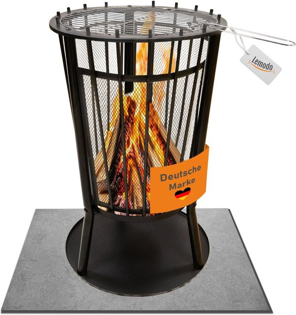Lemodo Feuerkorb aus Stahl in Schwarz mit Grillgitter, Funkenschutz und Ascheauffangschale, Höhe: 65 cm - Bild 1