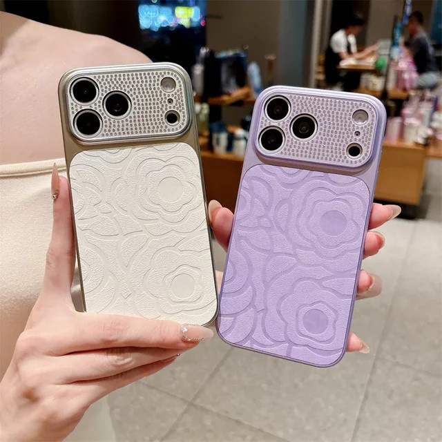 Luxuriöse Apple iPhone Handyhülle mit Diamant-Kameraobjektiv-Druck und Blumen-Design aus TPU Leder in Multicolour, stoßfeste Schutzhülle für iPhone 17 16 15 14 13 Pro Max - Bild 1