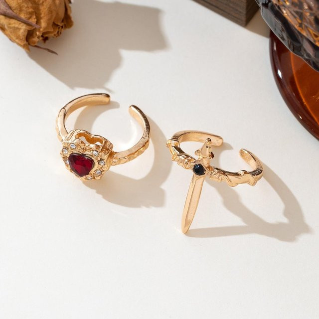 Ring Herz und Schwert, Messing, Gold, Unisex, verstellbar - Bild 1