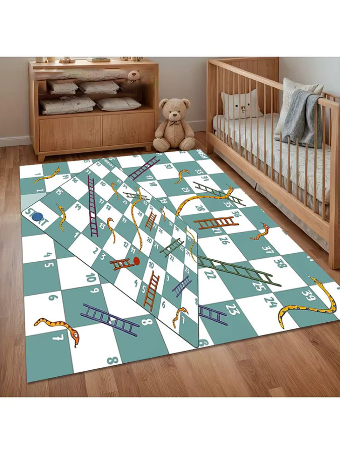 Rutschfester Schlangen-und-Leitern-Spiel Teppich in Blau-Weiß mit Streifenmuster für Wohnzimmer, Schlafzimmer und Kinderzimmer - Bild 3