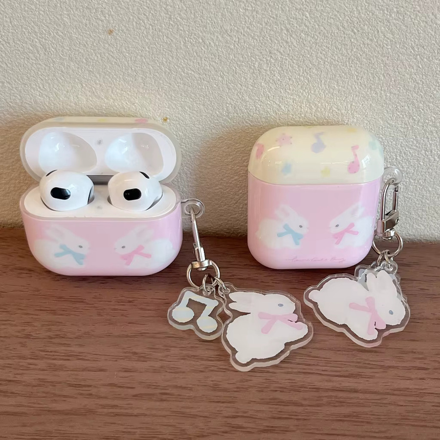 Glänzende Apple AirPods Schutzhülle in Rosa mit Schleife und Hasen-Anhänger für AirPods 2 3 4 Pro Pro 2 und Pro 3 - Bild 2