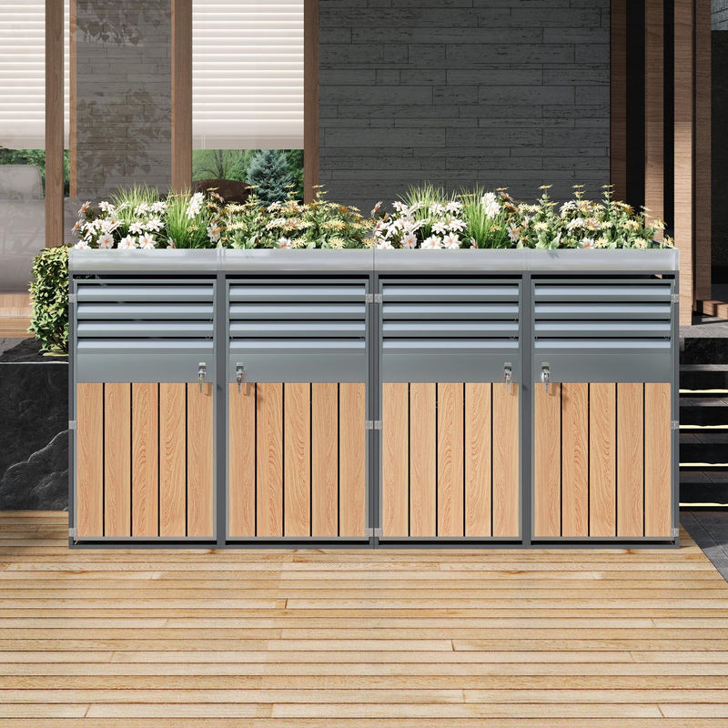 GL Store Mülltonnenbox mit integrierter Pflanzfläche und abschließbarem 4-Fach-Mülltonnenschrank aus verzinktem Stahl in Grau und Holzmaserung, B/T/H: 264 x 80 x 124,5 cm - Bild 2