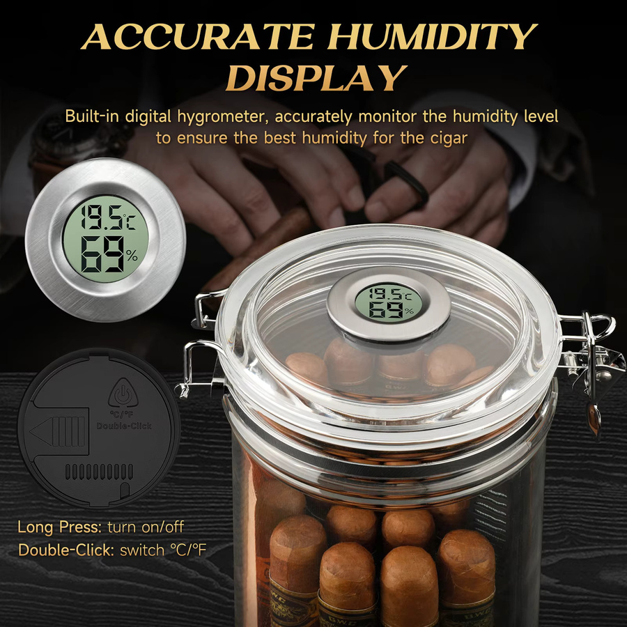 XIFEI Reise-Humidor aus Acryl und Zeder mit digitalem Hygrometer und Luftbefeuchter, transparent, passend für 15–20 Zigarren - Bild 3