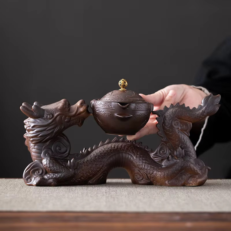 WENZHE Kreatives Lazy Tea Set aus Keramik in Braun mit halbautomatischer Drachen-Teekanne und magnetisch rotierendem Wasserablauf für chinesisches Kung-Fu-Tee - Bild 1