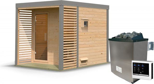 Karibu Saunahaus ARES 2 aus massiver nordischer Fichte, naturbelassen, inkl. 9.0 kW Ofen und Steuergerät, B/T/H: 231 x 276 x 232 cm - Bild 1