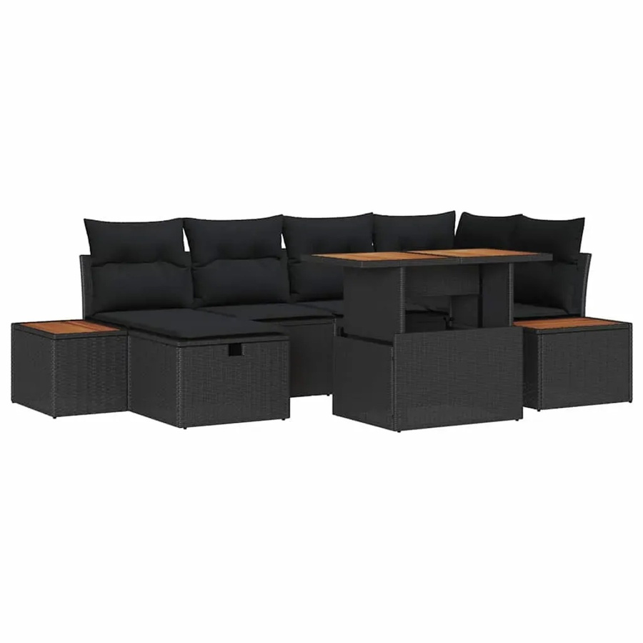 vidaXL Garten-Sofa-Set aus Polyrattan in Schwarz, 7-teiliges L-Shape Lounge-Set mit Kissen für Terrasse und Garten - Bild 2