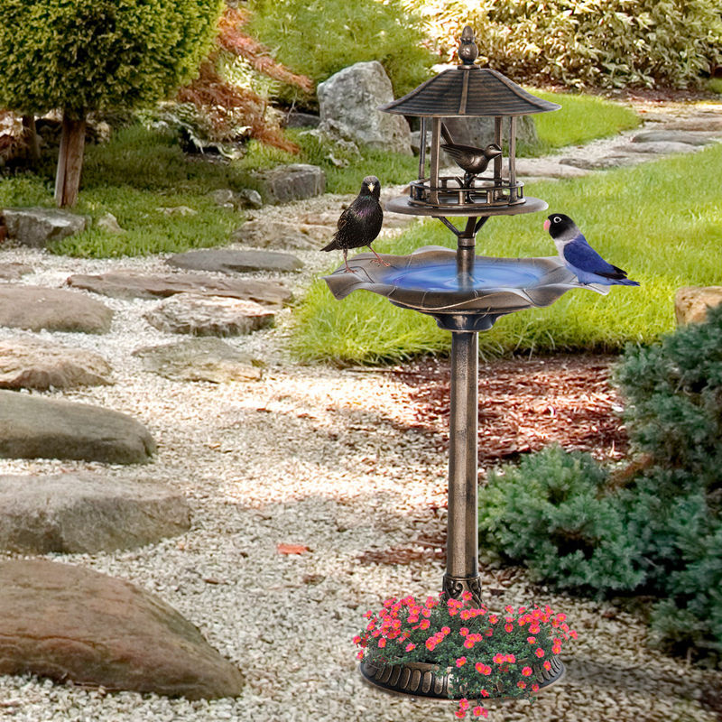 Outsunny Vogeltränke und Vogelbad mit Blumenkübel und Vogelfutterspender in Gold, Höhe: 113 cm - Bild 2