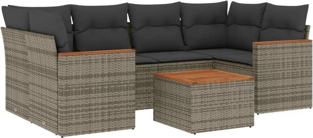 vidaXL 7-teilige Garten-Sofagarnitur in L-Form aus grauem Poly-Rattan mit Kissen und Akazienholz - Bild 1