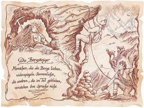 Tantum Graphic Sportbild Bergsteiger auf Antikpapier in Braun, Poster im A4-Format