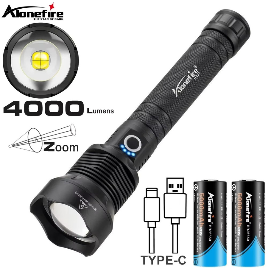 Alonefire LED Hochleistungs-Taschenlampe mit 4000 Lumen und Zoom, USB-aufladbar, Schwarz - Bild 2