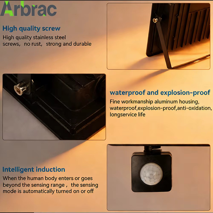 Arbrac LED-Flutlicht mit PIR-Bewegungssensor in Schwarz, 150W, warmweißes Licht, wasserdichter Außenstrahler für Garten und Garage - Bild 2