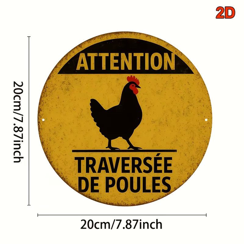 Vintage Hühnerstall-Warnschild Potdemiel Caution When Crossing Poules mit Hahn-Grafik in Rost-Optik - Bild 2