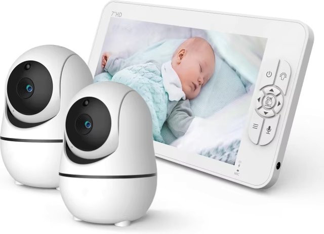 MBOSS Babyphone SM70V2 mit 1080P HD Split Screen Video, ohne WLAN, hacksicherer Babykameramonitor mit ferngesteuertem Zoom, Schwenken und Neigen, Farbe: Weiß, 4000-mAh-Akku - Bild 1