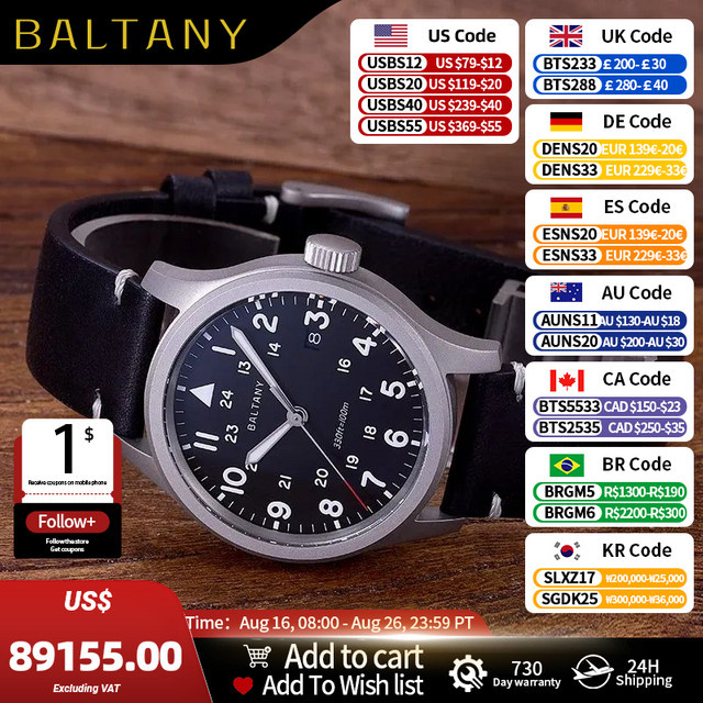 Baltany Armbanduhr Quarz, Edelstahl, Saphirglas, Leder, Herren, Schwarz - Bild 1
