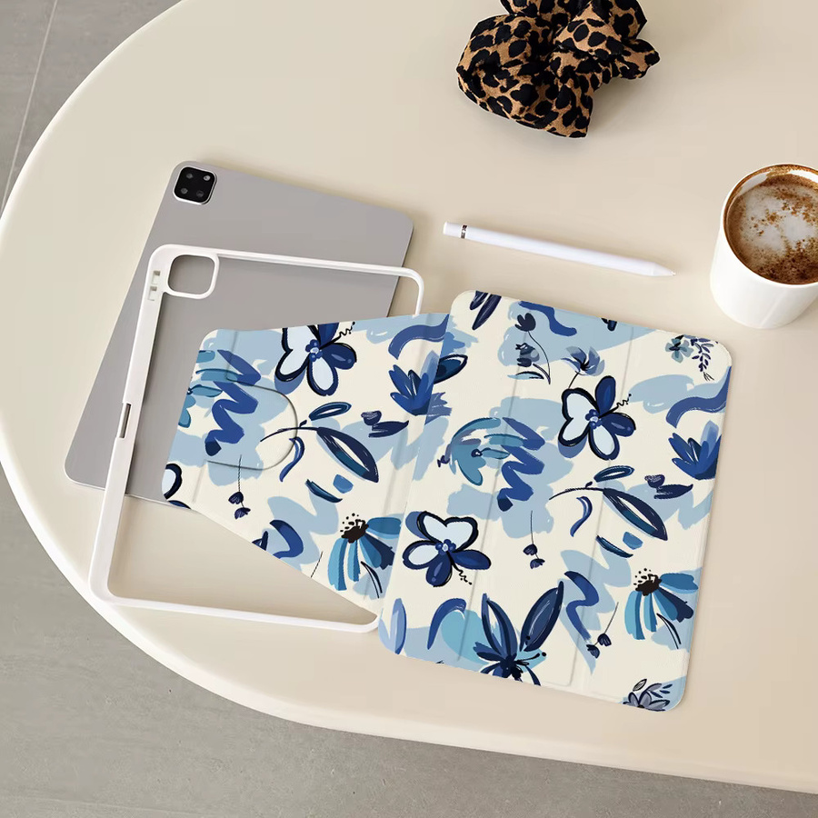 Samsung Tablet Hülle mit blauem Blumenmuster für Tab S9 Plus, S10 Plus, S7 FE und weitere Modelle - Bild 4