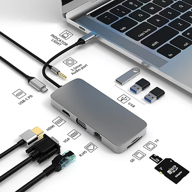 Basix 10-in-1 USB-C-Hub Multiport-Dockingstation in Grau mit HDMI und PD 100 W für MacBook Pro Air M1 - Bild 1